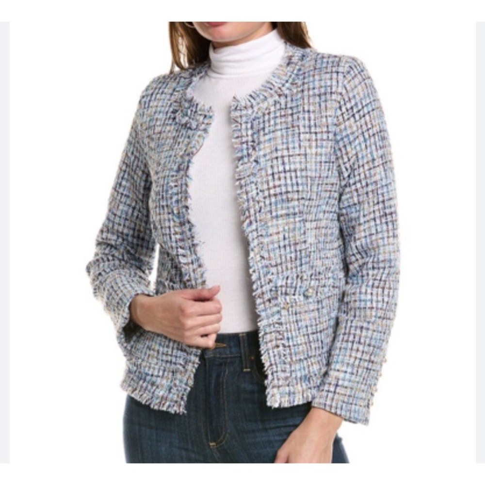 Nanette Lepore Nora‎ Boucle Jacket Womens L Blue Metallic Tweed Pearl Buttons